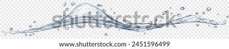 Long translucent water wave with drops, in gray colors, isolated on transparent background. Transparency only in vector file