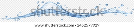 Long translucent water wave with drops, in blue colors, isolated on transparent background. Transparency only in vector file