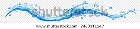 Long translucent curved water wave in light blue color, with small drops, isolated on transparent background. Transparency only in vector file