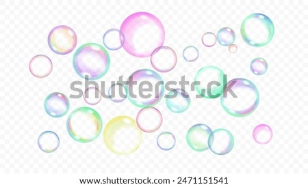 Set of many translucent rainbow soap bubbles, isolated on transparent background. For use on light illustrations. Transparency only in vector format.