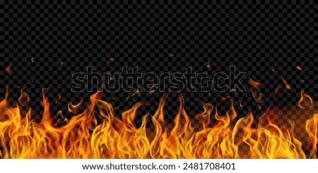 Translucent orange fire flames and sparks on transparent background. For used on dark illustrations. Transparency only in vector format