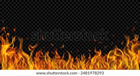 Translucent orange fire flames and sparks on transparent background. For used on dark illustrations. Transparency only in vector format