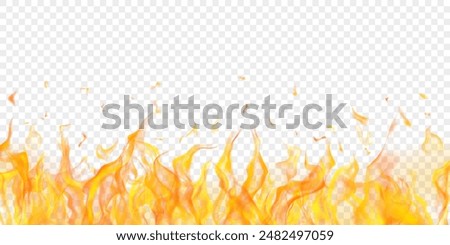 Translucent orange fire flames and sparks on transparent background. For used on light illustrations. Transparency only in vector format