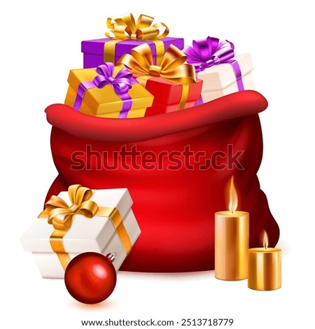 Large, red gift bag filled with various Christmas presents. It is placed on a white surface next to two lit candles and a small red ball.