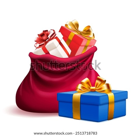 Red gift bag filled with various Christmas presents, placed next to a blue gift box on a white background.