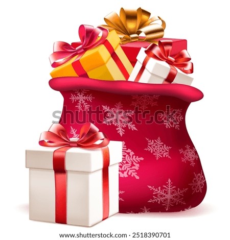 Collection of Christmas gifts, including a red gift bag with snowflake pattern and several wrapped presents, all set against a white background.