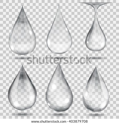 Set of transparent drops in gray colors. Transparency only in vector format. Can be used with any background