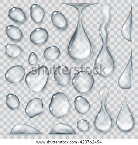 Set of transparent drops of different shapes in gray colors. Transparency only in vector format