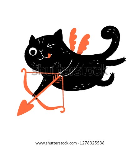 Funny black cat cupid character with a bow and wings, flying and aiming his arrow. Valentine's Day greeting card.
