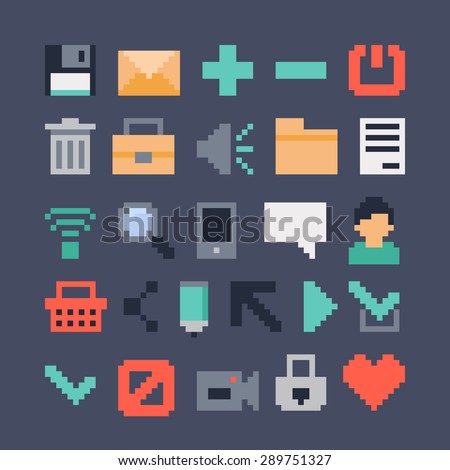 Set of vector icons. Pixel-art style. 