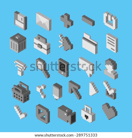 Isometric vector icons. 3D pixel style. Grayscale