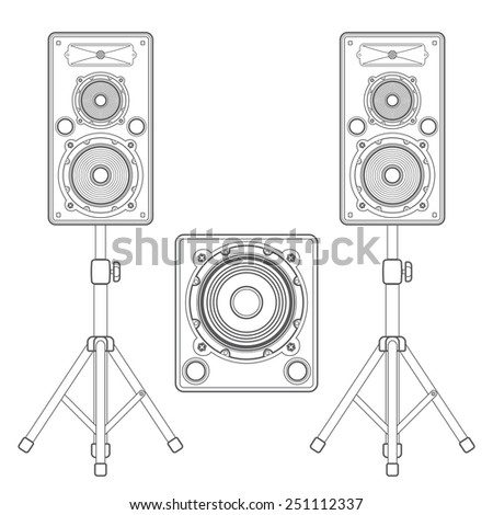 vector dark outline loudspeakers kit satellites on stands and subwoofer technical illustration