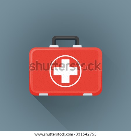 vector textured flat design red medical first-aid suitcase white cross circle emblem illustration isolated dark background long shadow
