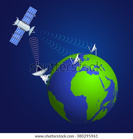 vector color flat design globe uplink dish antenna satellite module broadcasting signal concept illustration shadow isolated dark blue background
