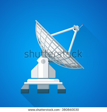 vector color flat design uplink satellite dish antenna illustration long shadow isolated blue background 