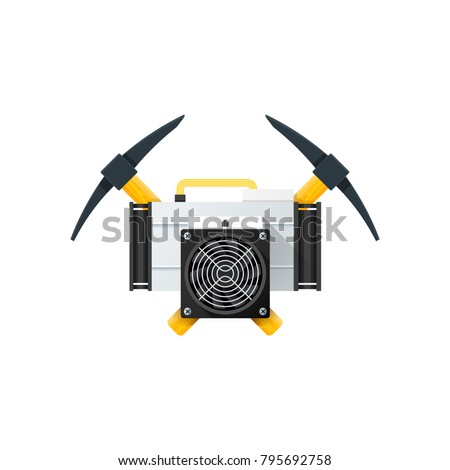 vector colorful flat style design crossed mining picks with asic crypto currency miner device sign logo template illustration isolated white background
