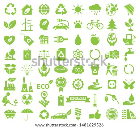 ecological icon set, green vector environment, energy sign and symbol concept on white background