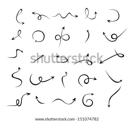 soft curved and lines arrows, soft hand draw, vector set arows on white Background