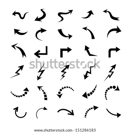modern arrows set, turn, curved, crinkled, piece, strike, point, edge direction, lead, navigate, link, motion, next, icon, symbol, sign
