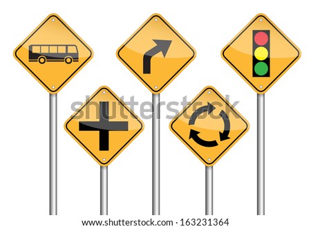 road sign pole of bus stop, right, roundabout, red light, crossroads on white background