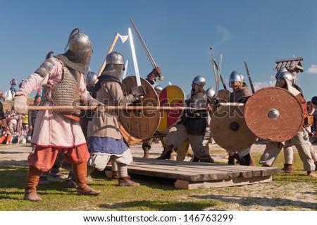 TOBOLSK, RUSSIA - JULY 6: Medieval fight at a historical reenactment festival \