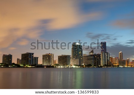 Downtown Miami Skyline Downtown Miami at sunrise from Rickenbacker Causeway on the way to Key Biscayne.