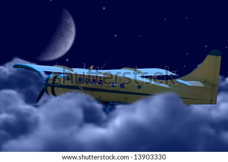 A small plane flying above the clouds at night, symbolizing freedom