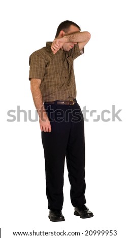 Full body view of a man suffering from clinical depression, isolated against a white background