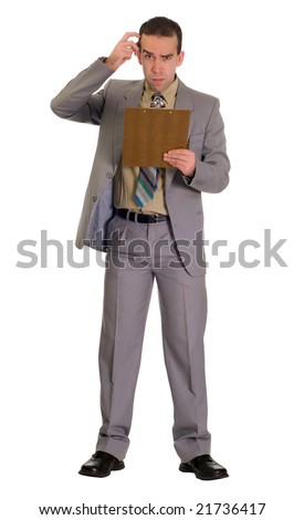 Full body view of an employee scratching his head and looking confused