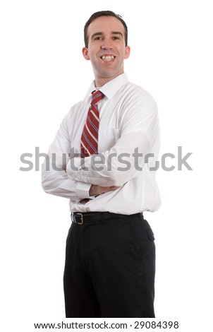 A happy employee is standing with his arms crossed, isolated against a white background