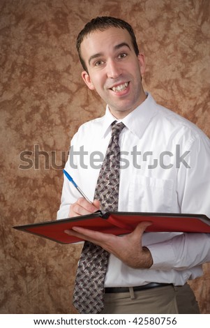 A waiter holding a pen and a binder about to take someone\'s order
