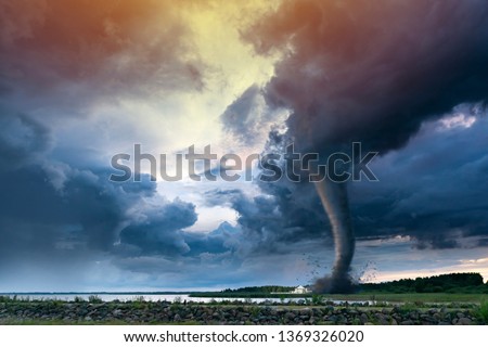Super Cyclone or Tornado forming destruction over a populated landscape with a home or house on the way. Severe hurricane storm weather clouds. Foto stock © 