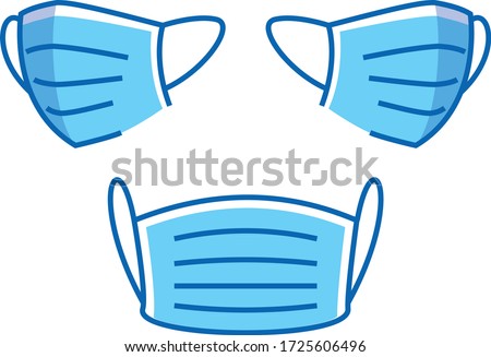 Isolated vector illustration of medical blue surgical face mask. Front, left and right side view.