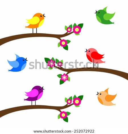 birds colorful on tree branches silhouettes.
