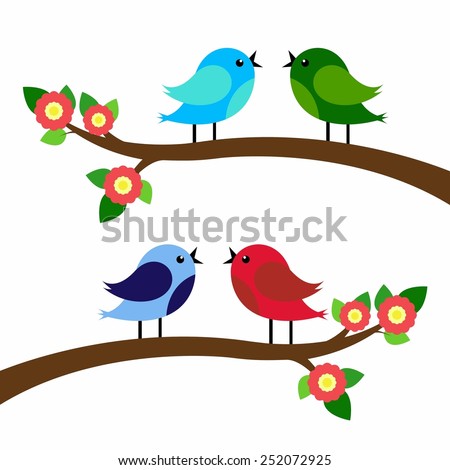 birds colorful on tree branches silhouettes.
