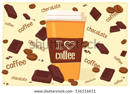 Hand drawn coffee to go cup with coffee beans, chocolate, spices and hand drawn text lettering. All elements are separate. Vector Illustration. EPS 10