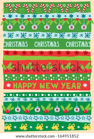 Winter holidays, Christmas and New Year postcard . Pattern with different holidays decorations. Vector illustration.
