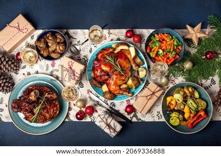 Similar – Image, Stock Photo Delicious fir tree with white chocolate, sugar pearls and red jam on dark plate in moody style