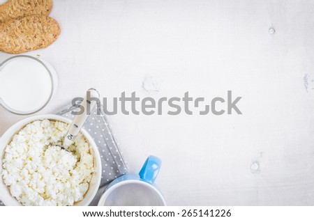 Healthy breakfast. Cottage cheese, grain cookies and milk