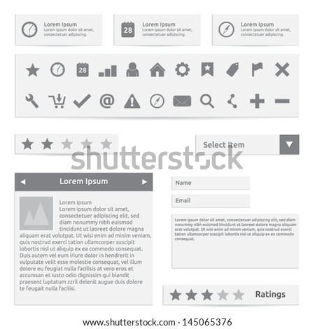 Website elements, form, icons and options | color white and gray | abstract vector design | web template