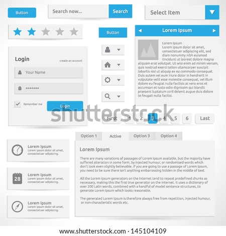 Web elements - vector template design - silver color with blue | Icons search button ratings login box dropdown menu options select box slider