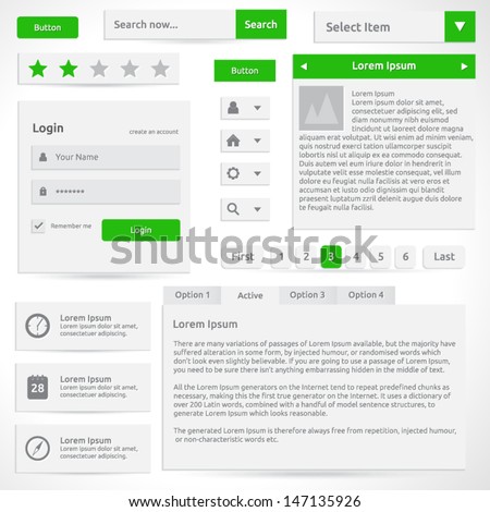 Web elements - vector template design - silver color with green | Icons search button ratings login box dropdown menu options select box slider