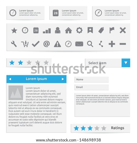 Website elements, form, icons and options | color white gray and blue | abstract vector design | web template