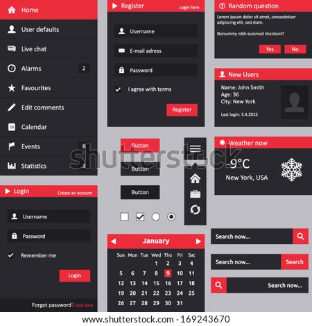 Flat design UI - vertical menu, login, register, dropdown menu, weather, user box, search, buttons, radio, checkbox, calendar and dialog box