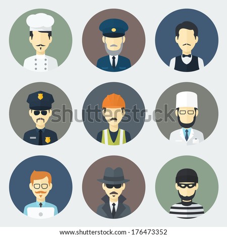 Set of Circle Flat Icons with Man of Different Professions