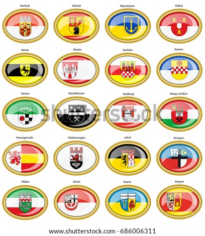 Set of icons. Flags of german cities (North Rhine-Westphalia). Vector. 3D. 