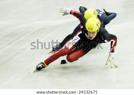 Sofia - February 6: OLIVIER Jean of Canada  competes in the man\'s 1500 meters short track speed skating heats at the Samsung ISU World Cup on February 6 in Sofia ,Bulgaria.
