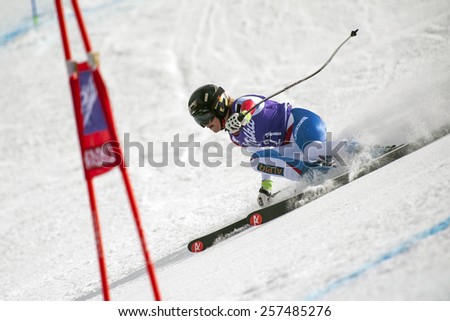 BANSKO, BULGARIA - MARCH  2, 2015: Lara Gut (SUI) competes in the Audi FIS Alpine Ski World Cup Ladies\' Super G on MARCH  2 ,2015 in Bansko, Bulgaria