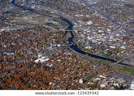 aerial view of downtown Missoula Montana and the Clark Fork River