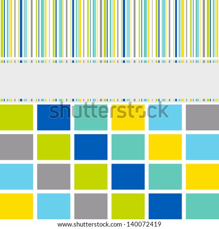 Greeting card background with symmetrical stripes, lines and blocks in blue, yellow, green and grey shades to be used for birth announcement, birthday, seasonal greetings, announcements and so on